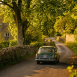 A vintage car driving down a scenic, tree-lined country lane.
