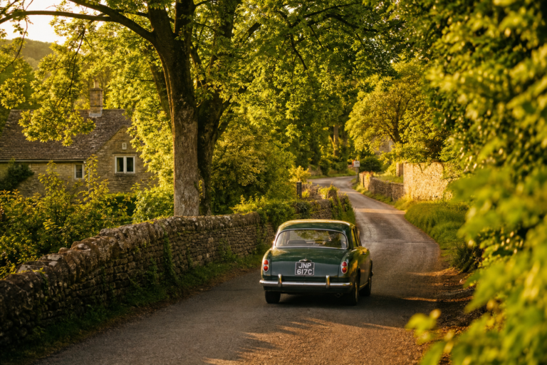 A vintage car driving down a scenic, tree-lined country lane.