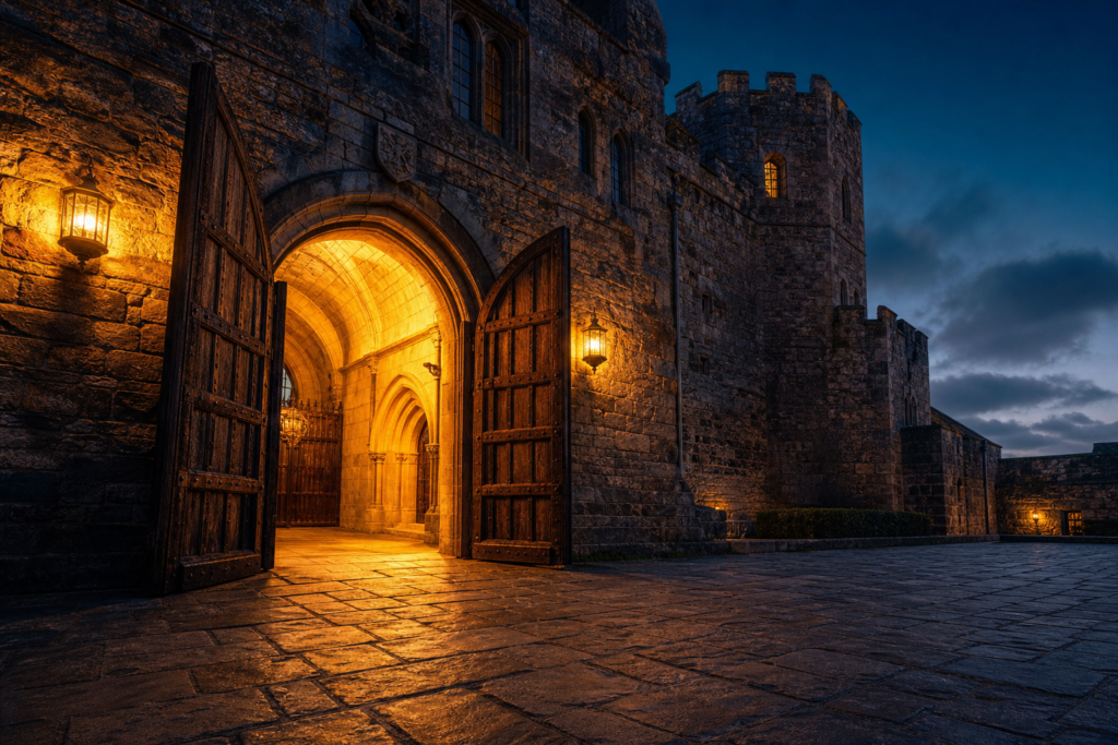 A castle entrance warmly lit at dusk with wooden doors open.