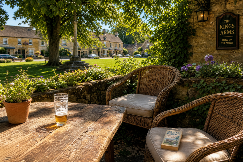 Rustic patio with table, chairs, pint, book, and garden.